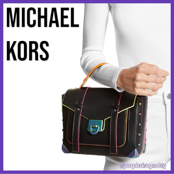 MICHAEL KORS MANHATTAN CONTRAST-TRIM LEATHER SATCHEL NWT - Picture 3 of 3